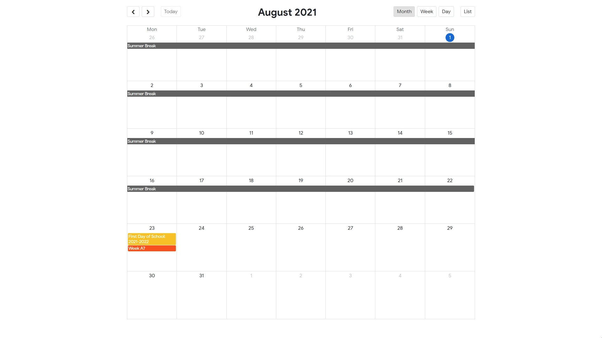 simple calendar with month, week, day and list views